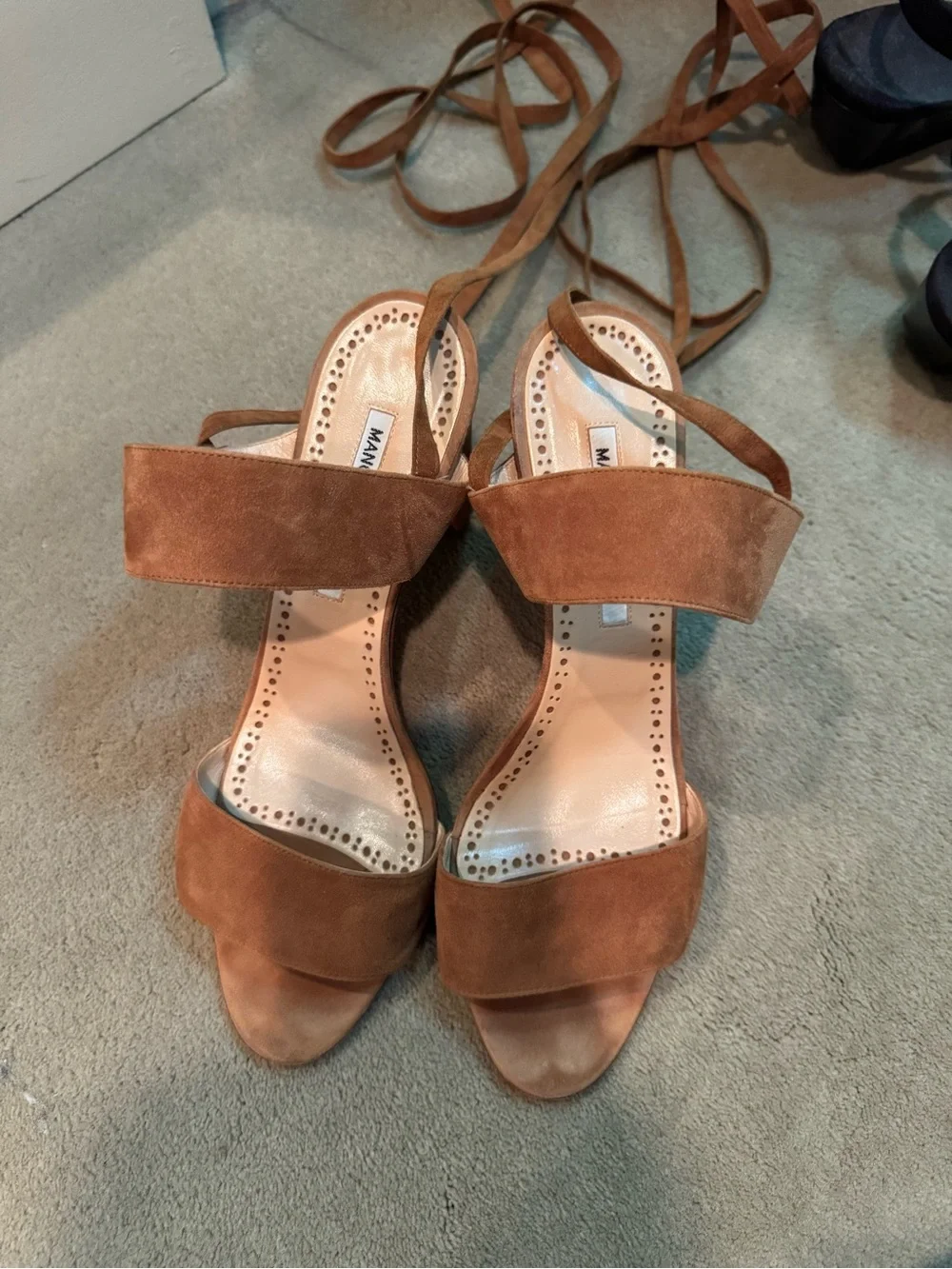 Manolo Blahnik Tan Suede Lace-Up Heeled Sandals